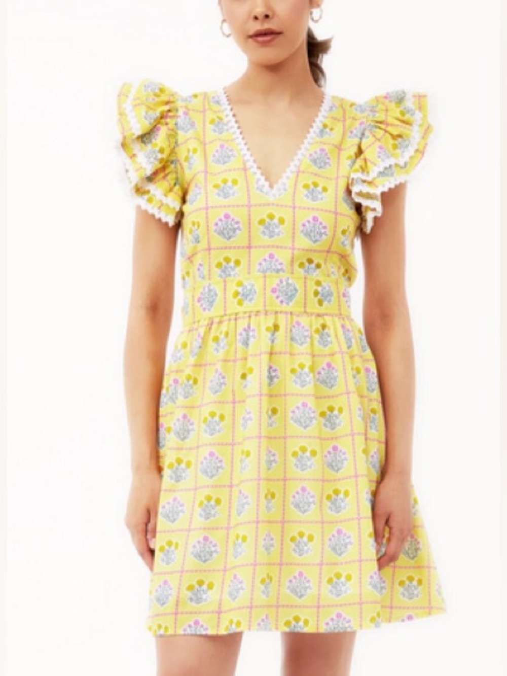 Beyond by Vera || Chloe Mini Dress Positano Lemon Floral Printed Ruffle Yellow